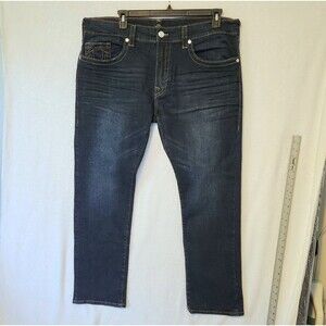 True Religion Men's 40 x 32 Ricky Relaxed Straight Jeans No Flap Blue Dark Wash